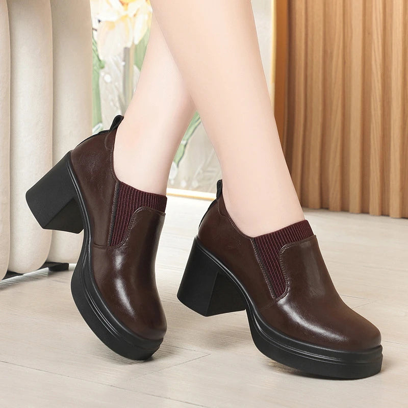 Womens Brown Leather Platform Ankle Boots Chunky Heel Elastic Gore Zpaxo