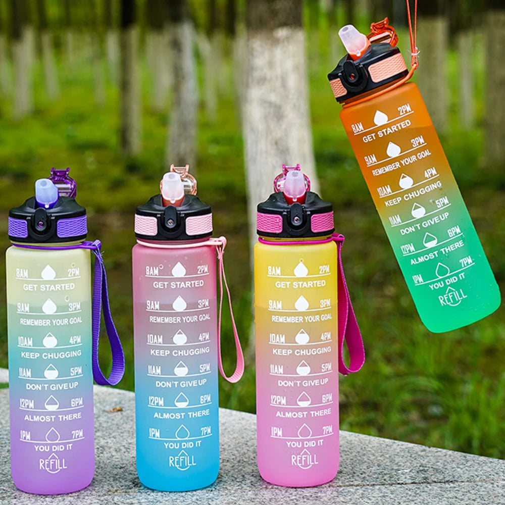 1000ml Water Bottle with Time Scale Straw for Outdoor Sports Plastic Gradient Color Leak Proof Water Bottle Zpaxo