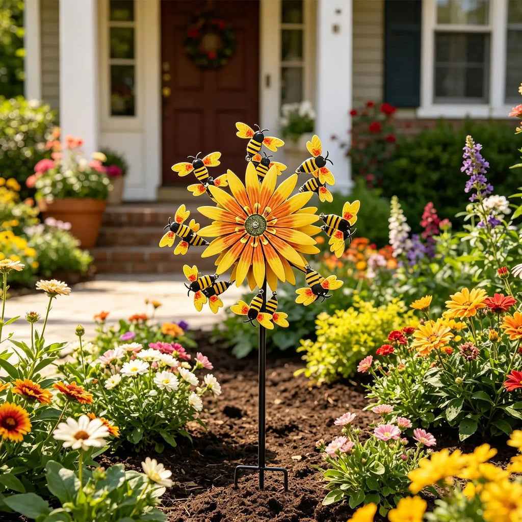 Wind Spinners Outdoor Bee Sunflower Motion Art Sculpture Decor Yard