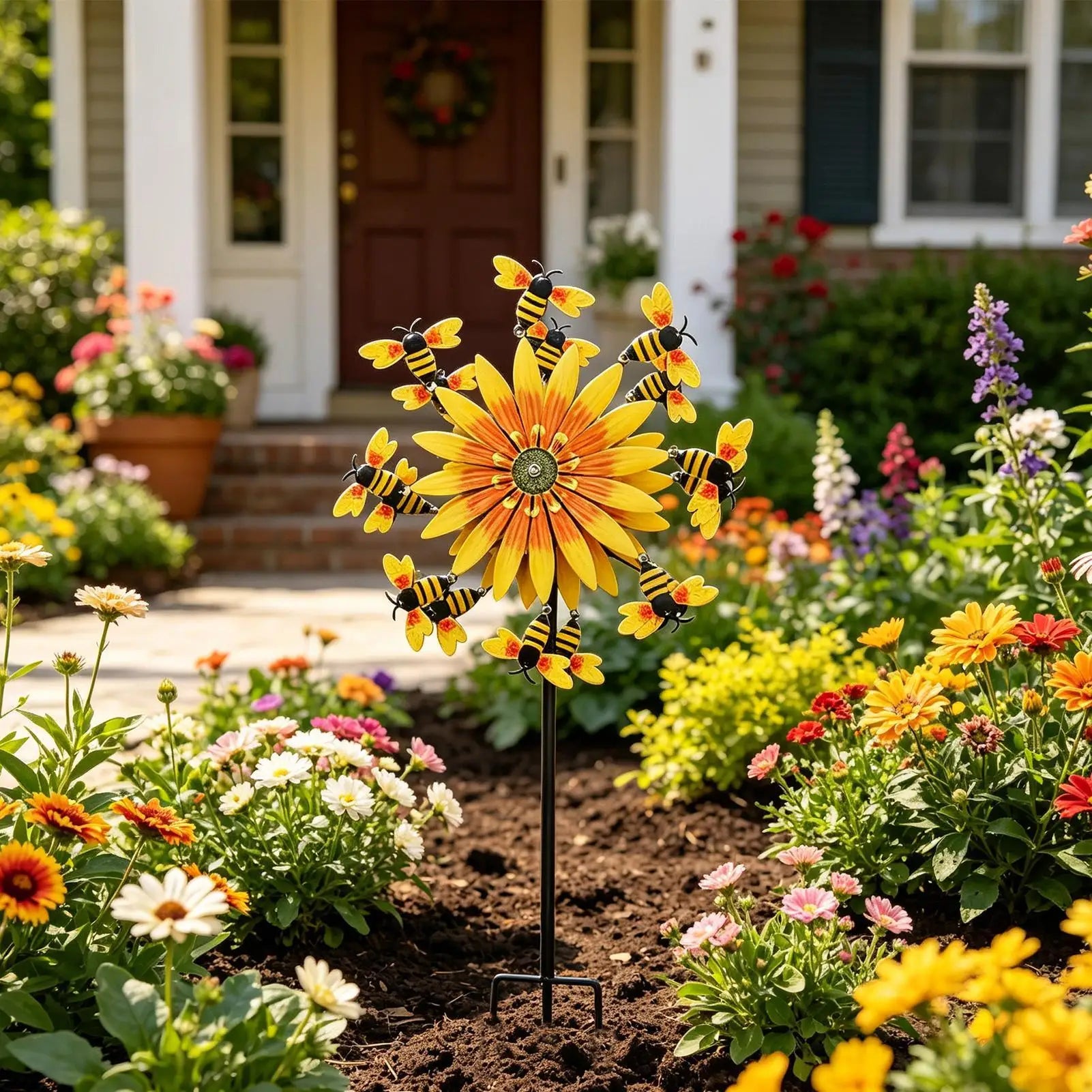 Wind Spinners Outdoor Bee Sunflower Motion Art Sculpture Decor Yard