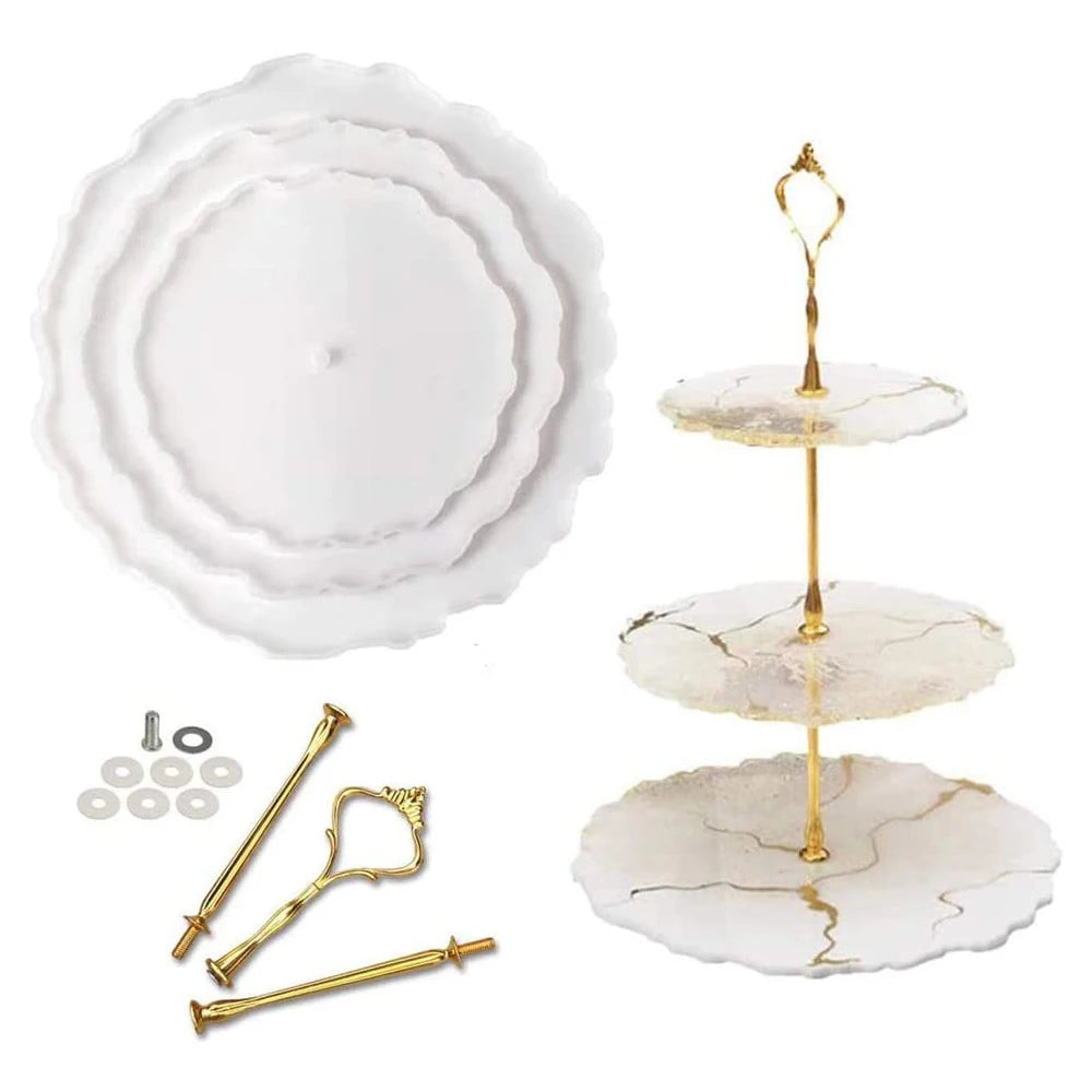 3 Tier Cake Stand Resin Silicone Molds Set Round Epoxy Resin Tray Mold with Hardware Fittings for Cupcake Serving Stand Making Zpaxo