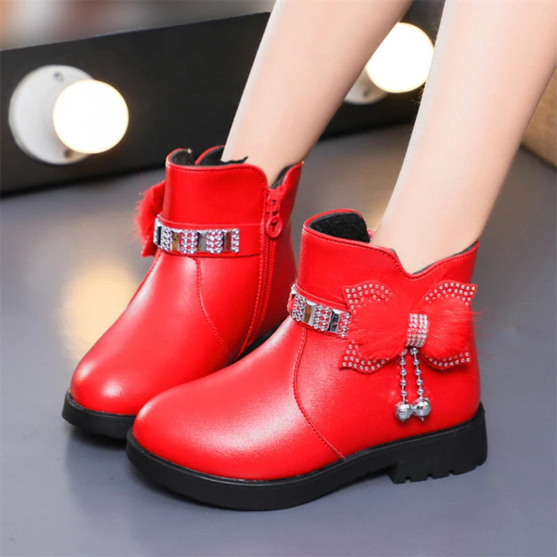 Winter Children's Shoes Girl Mid Length Warm Leather Boots Baby Bow Zpaxo