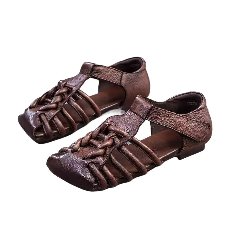 Genuine Leather Sandals Women Handmade Woven Literary Style Hollow Flat Roman Sandals Ladies Summer Shoes Sandalias Zpaxo