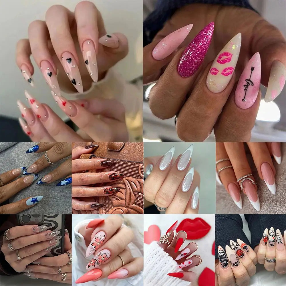 24pcs Long Almond False Nails French Leopard Star Press on Nails Fake Nails DIY Manicure Detachable Nail Tips Zpaxo