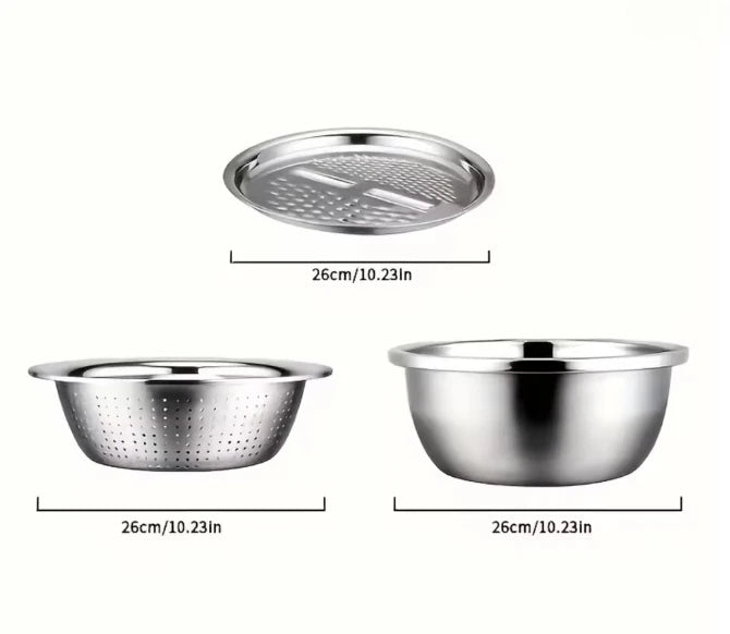 New 3pcs Stainless Steel Multifunctional Strainer, and Mixing Bowl for Washing and Slicing Fruits, Vegetables Tools Zpaxo 3pcs silver 26cm