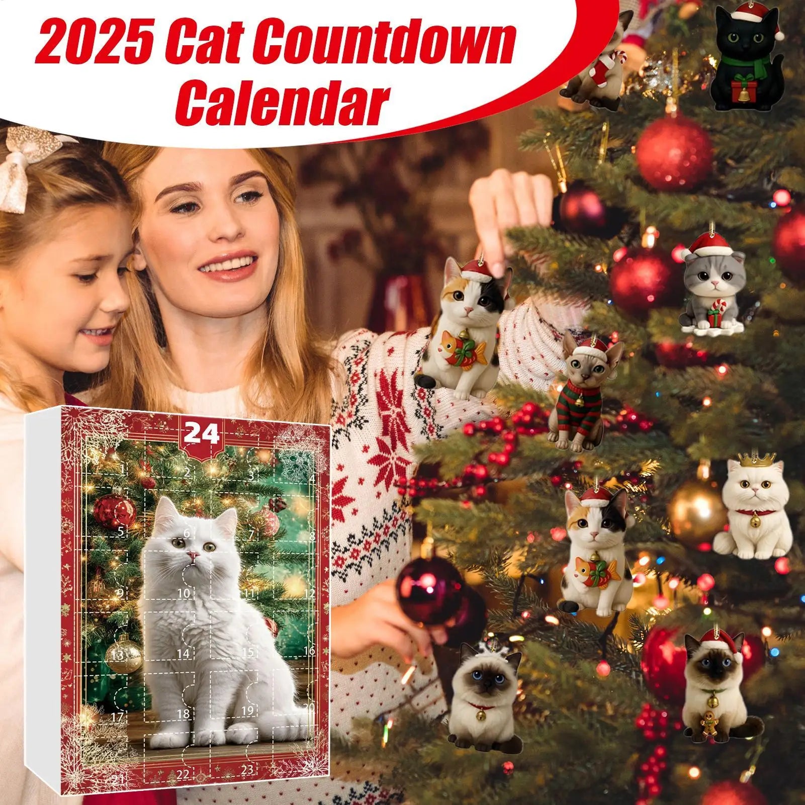 Cat Advent Calendar 24 Days Countdown 2D Acrylic Kitten Ornaments