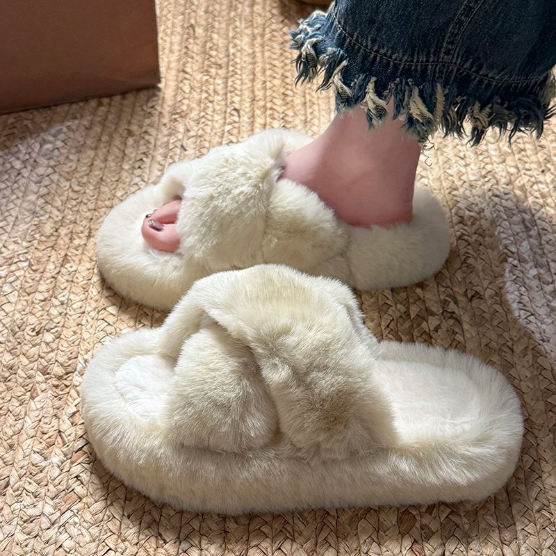 Cross Warm Fluffy Furry Slippers Women Lightweight Flat Heels Fur