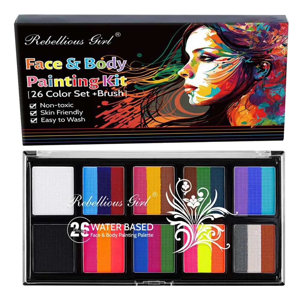 10-grid 26 color Water-Based Body Paint Palette,Easy-to-Clean Face & Body Paint Palette with Brushes,Body Paint Makeup for Party Zpaxo 10 grid 26 colors-A