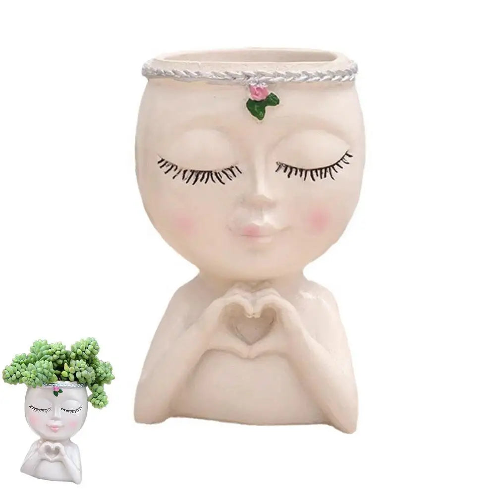 Resin Girl Face Planter with Drainage – Cute Succulent Pot Decorative Face Planter Zpaxo A