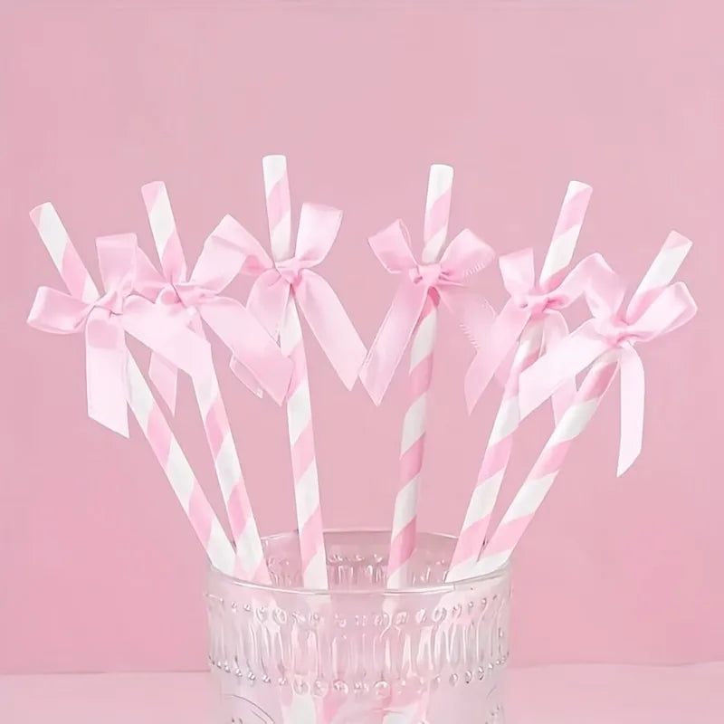 Pink Striped Bow Paper Straws Ribbon Labels Disposable Party Drinking