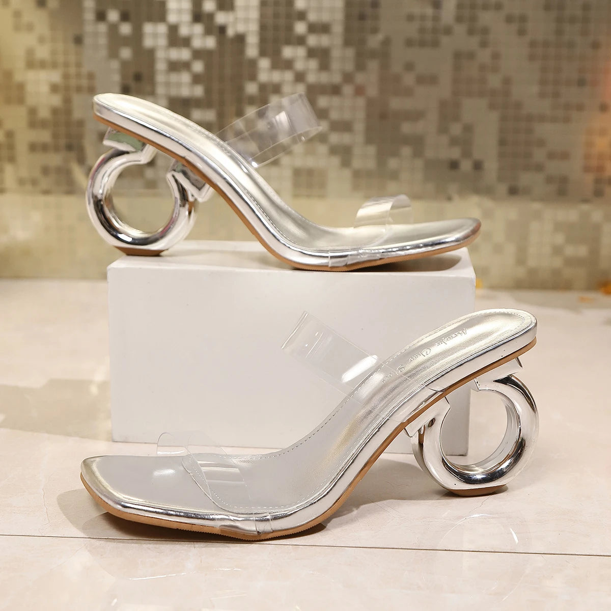 Summer Women Slippers Casual Square Head Open Toe Transparent Heels Zpaxo Silver 35