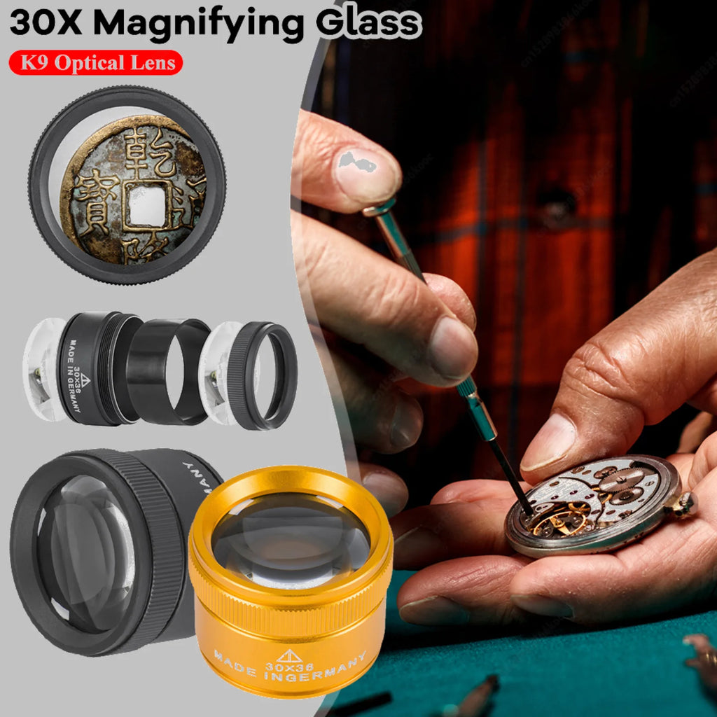 Portable 30X Magnifying Glass Handheld Lightweight K9 Optical Lens