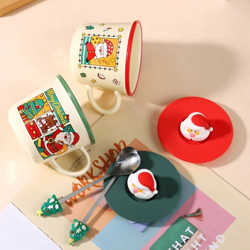 Christmas-themed Ceramic Coffee Cups Mugs LIDS Spoons Holiday Boxes