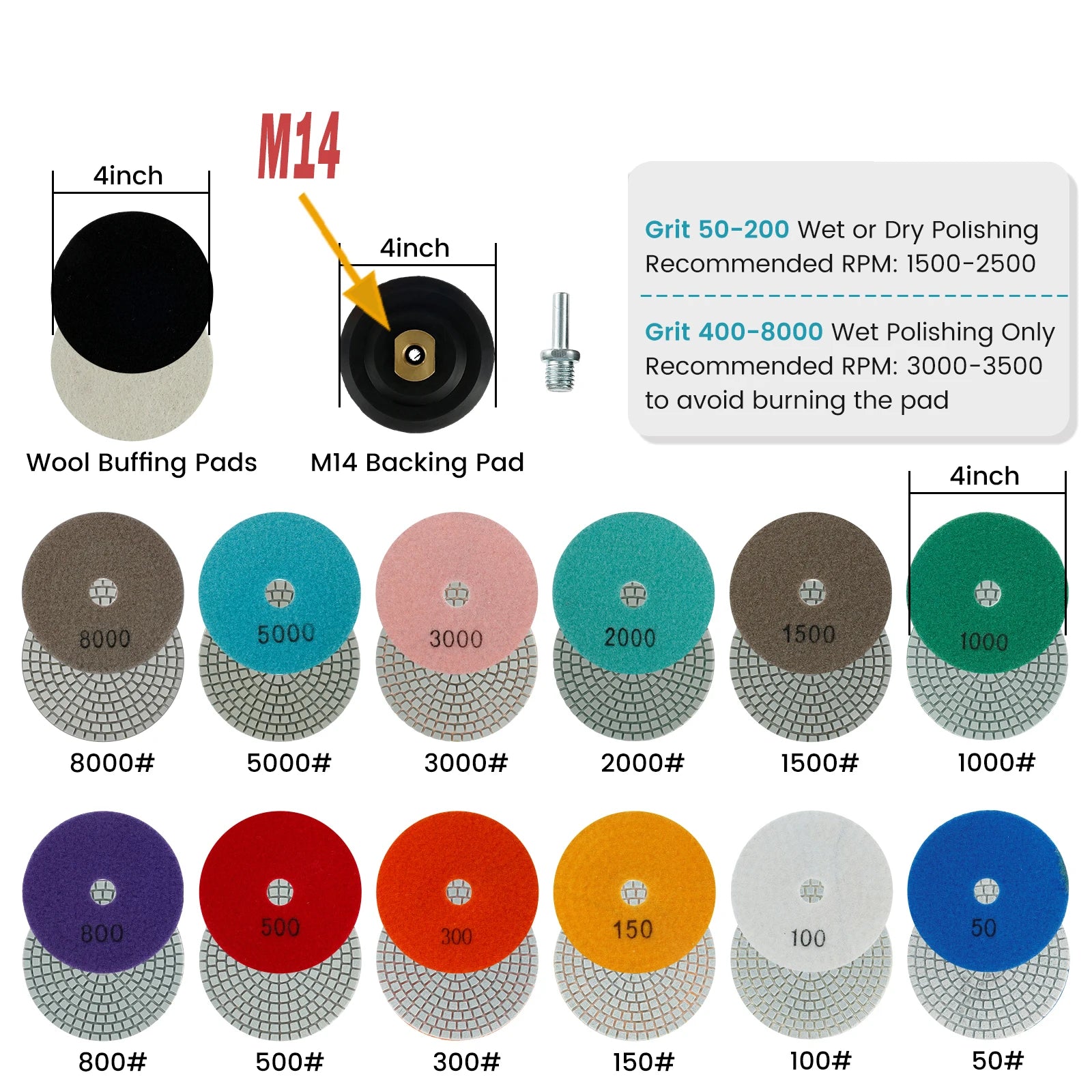 10-16pcs 4 inch Diamond Polishing Pads Kit Wet/Dry Buff Disc Abrasive Grinding Discs Set for Granite Concrete Glass Polishing Zpaxo 14PCS 50-8000 4 inches multi-tool