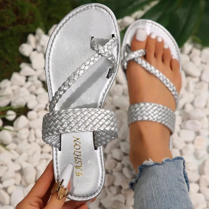 Women Slippers Summer Flat Beach Flip Flops Fashion Clip Toe Sandals Zpaxo Silver 42