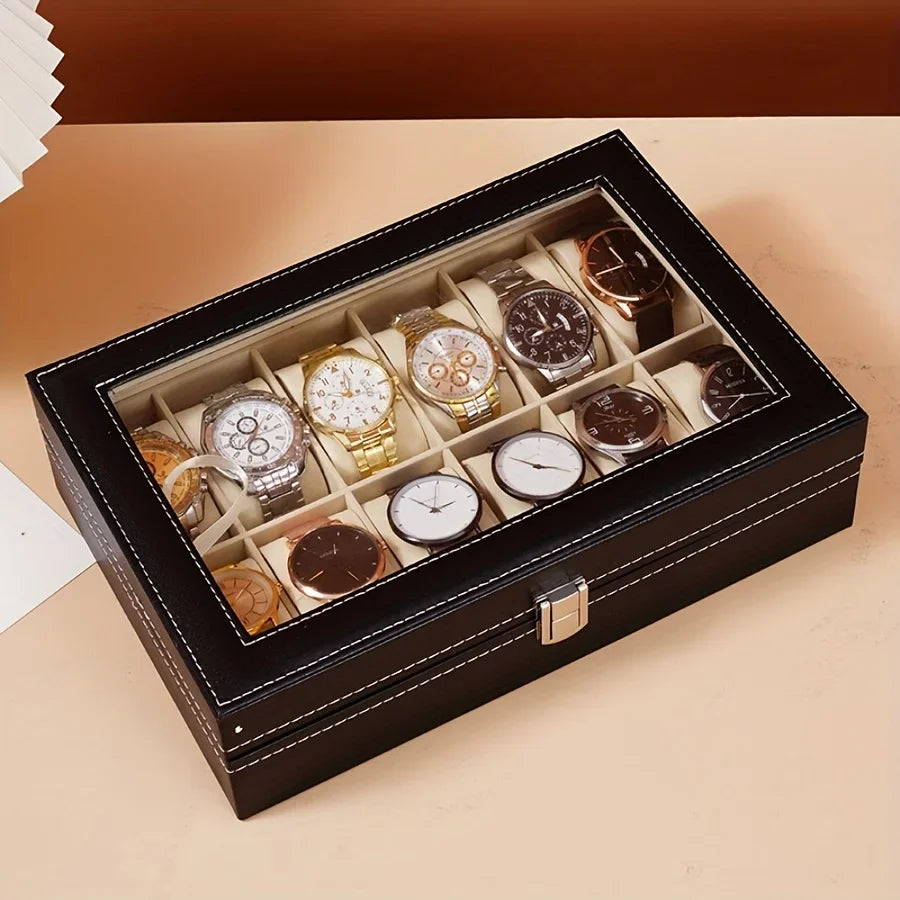 Watch Organizer 12-Slot Display Case Lock Removable Pillows Synthetic