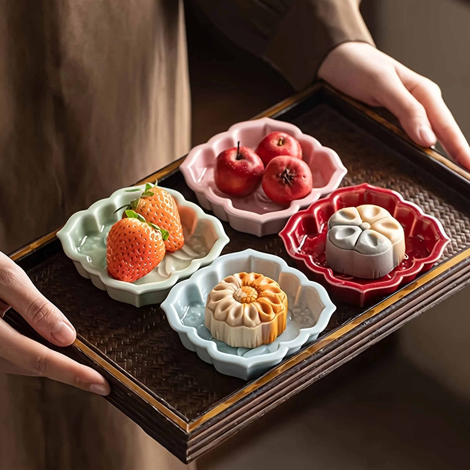 Ceramic Sauce Dish, Lotus Design - Small Appetizer Plate for Soy Sauce, Condiments, Snacks - 4 Color Options Zpaxo
