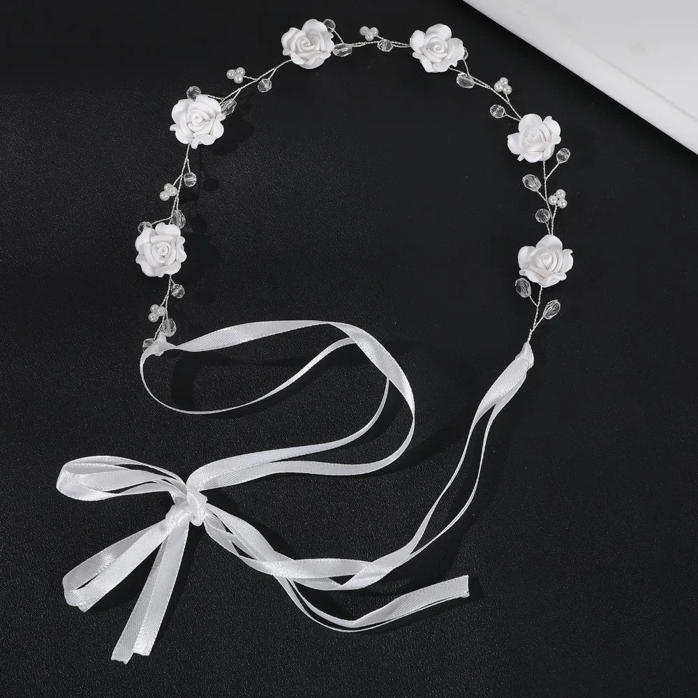 Hair Accessories Ribbon Bridal Headband Rose Flower Party Performance Pearl Flower Headband Floral Crown Women Zpaxo Silver