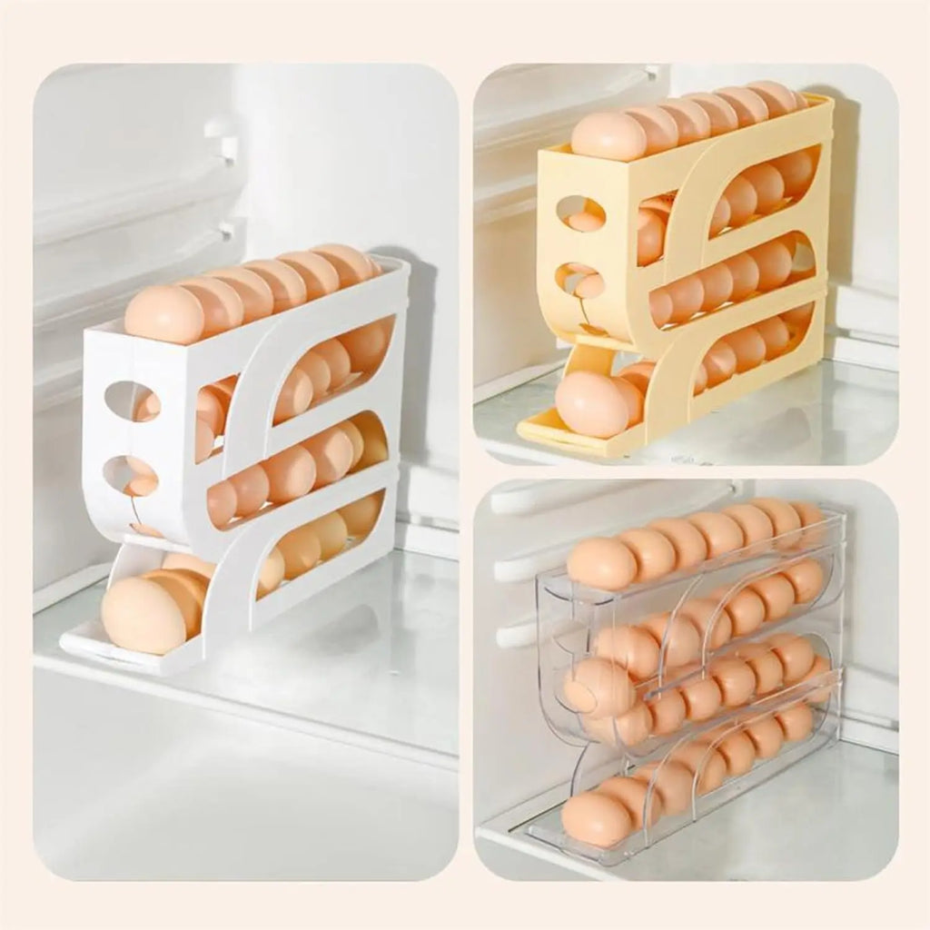 4-Tier Rolling Egg Holder – 18-Egg Auto-Feed Fridge Organizer