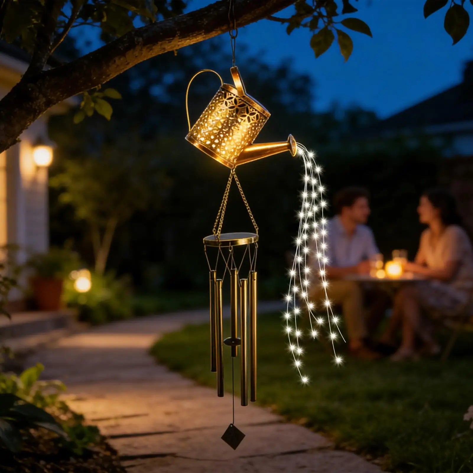 Solar Watering Can Lights Retro Iron Kettle Shape Home Decor Chime