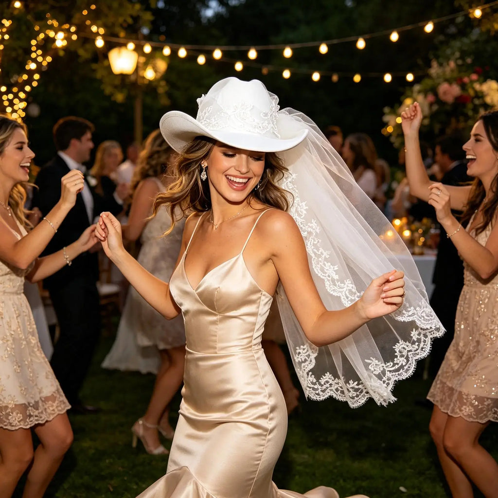 Bride Cowgirl Hat Veil Bachelorette Party White Headwear Cowboy
