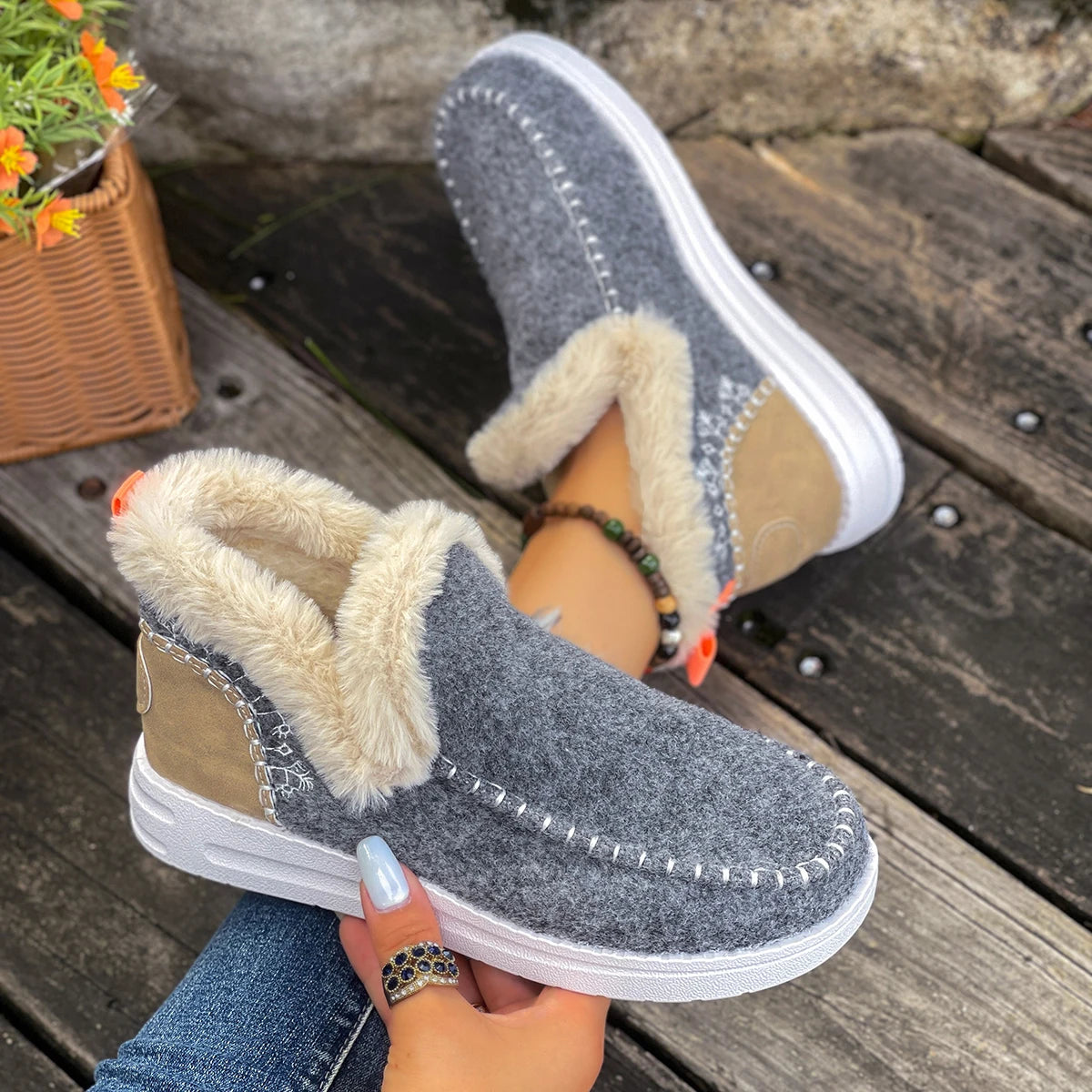 Women Cotton Shoes New 2025 Slip-On Winter Boots Thickened Fluff Lined Flat Bottom Snow Boots Warm Round Toe Leisure Shoes Zpaxo light gray 40