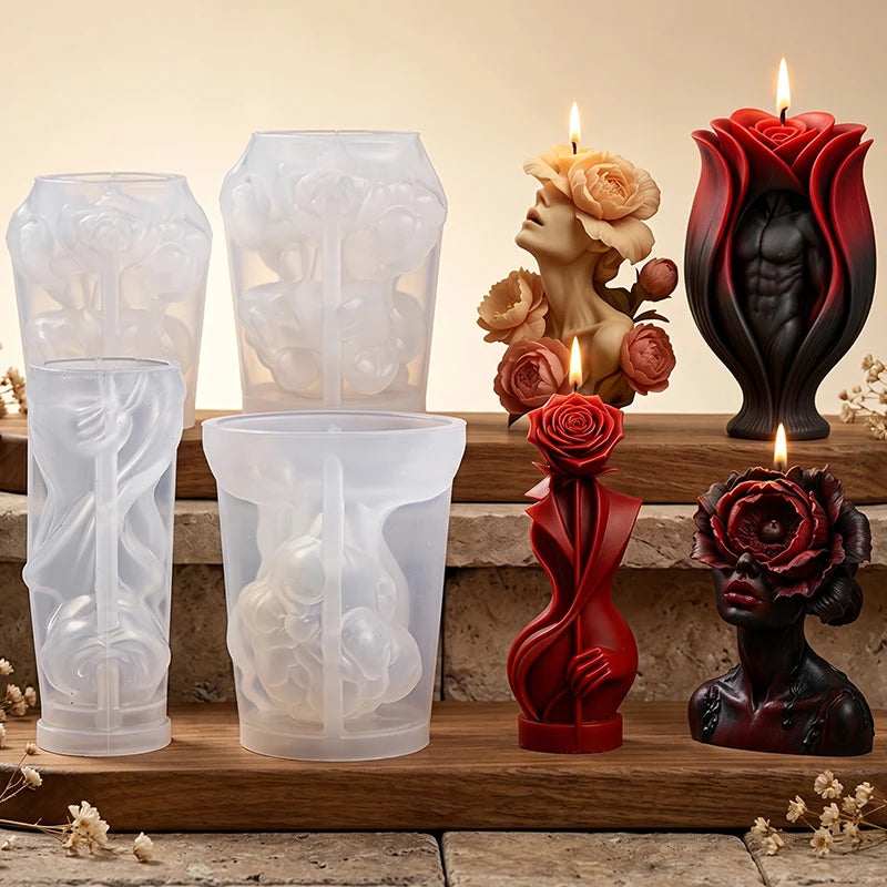 3D Figure Flower Candle Silicone Mold DIY Human Body Face Rose Peony Handmade Aroma Soap Wax Craft Resin Mould Home Decor Zpaxo