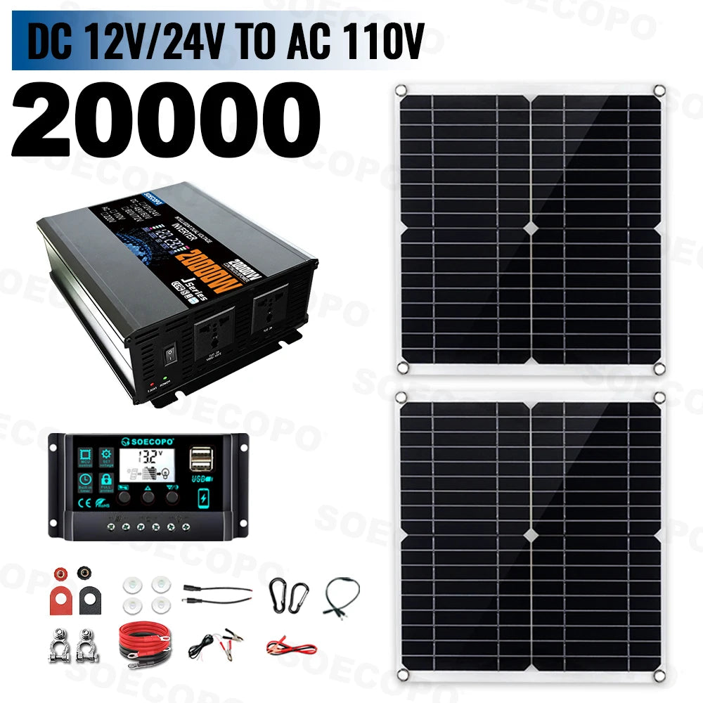 SOECOPO 20000W Off Grid Solar System Kit 2*300W Panel 12V 24V To 220V/110V Inverter Socket 100A Controller for Residence Camping Zpaxo 110V Solar kit