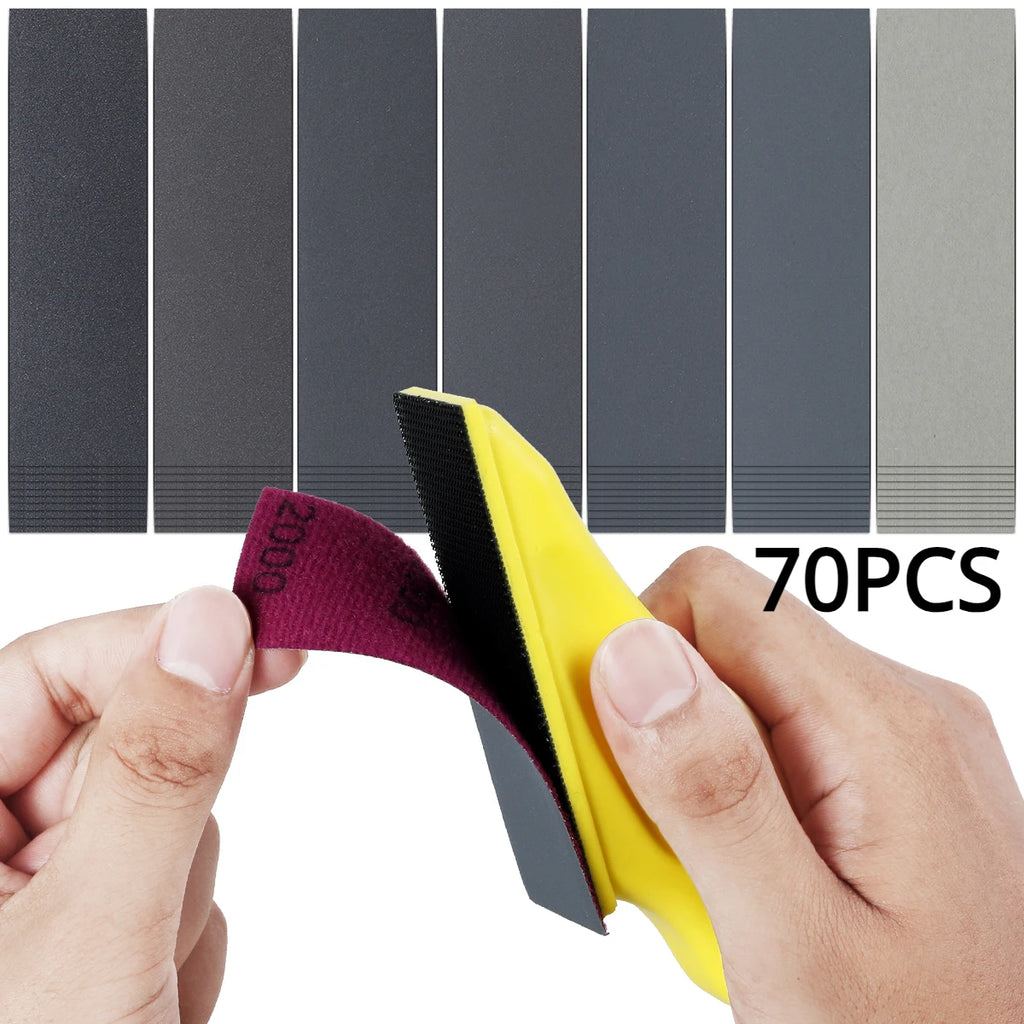 70pcs DIY Hand Sandpaper MINI Sander Kit Loop Sander Paper Assorted Grit Wet Dry Sanding Strip Detail Tool with Hand Millstone Zpaxo