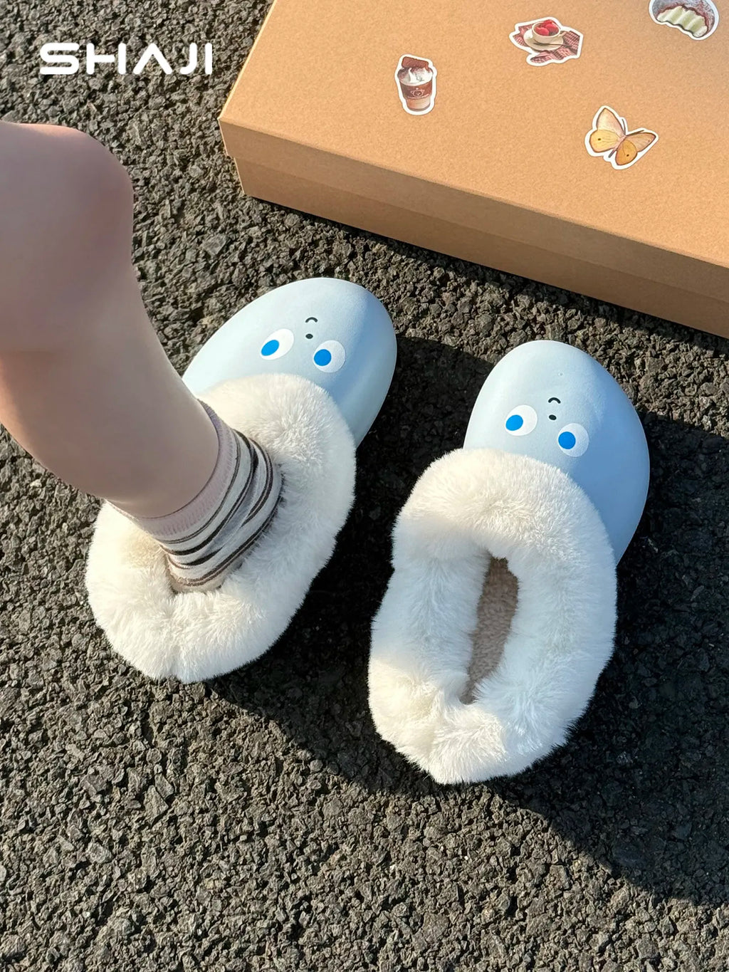 SHAJI Women 2026 Smiley Face Waterproof Winter Slippers Closed Back