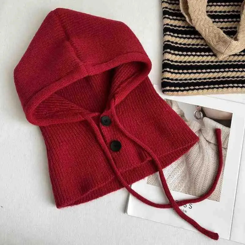 Winter Balaclava Hat Warm Knitted Women's Hood Solid Neck Pullover Zpaxo Red