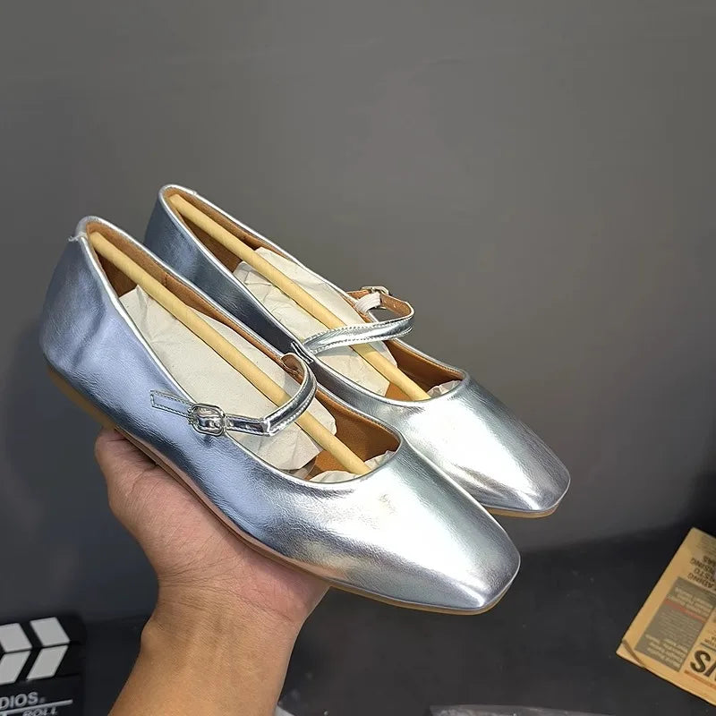 Flat Shoes for Women New Spring Autumn French Retro Gold Mary Jane Shoes for Women Square Toe Shallow Ladies Luxury Shoes Zpaxo