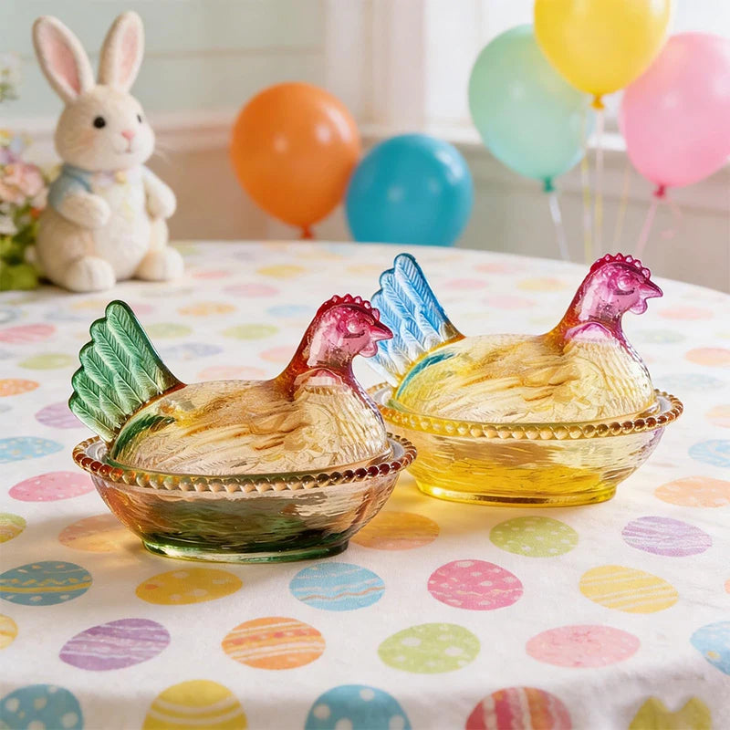 Hen-on-Nest Glass Candy Dish with Lid | Retro Chicken Bowl