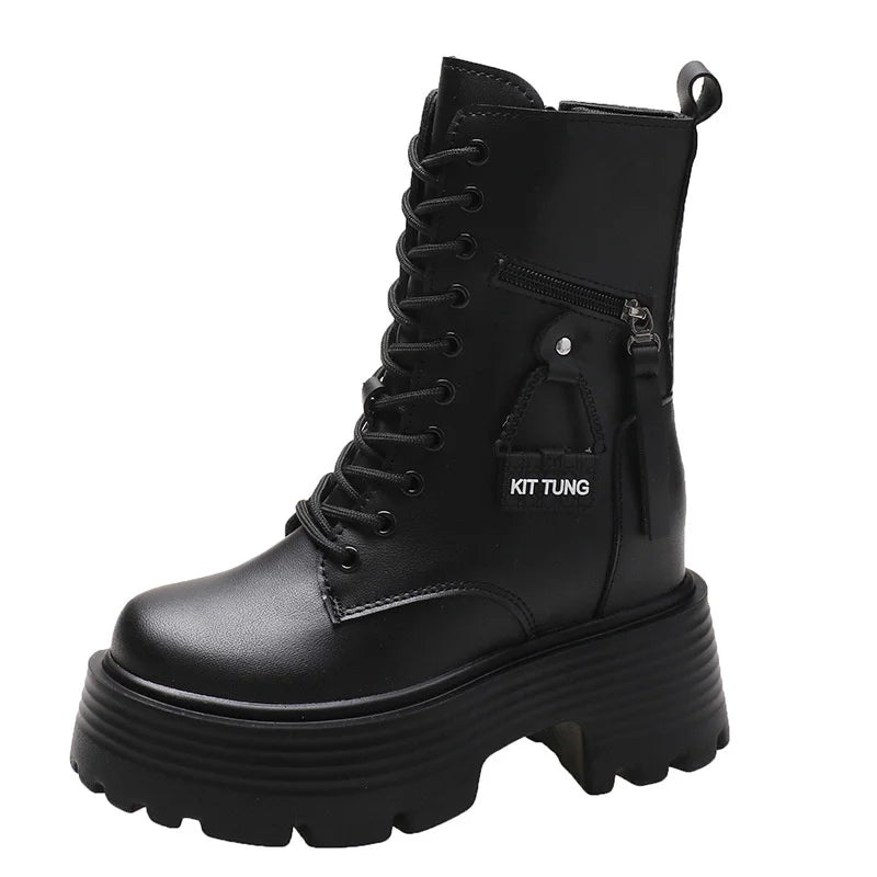 2023 Autumn Platform Mid-calf Boots Women Thick Sole Winter Leather Zpaxo Black 37(Foot 23.5cm) CN