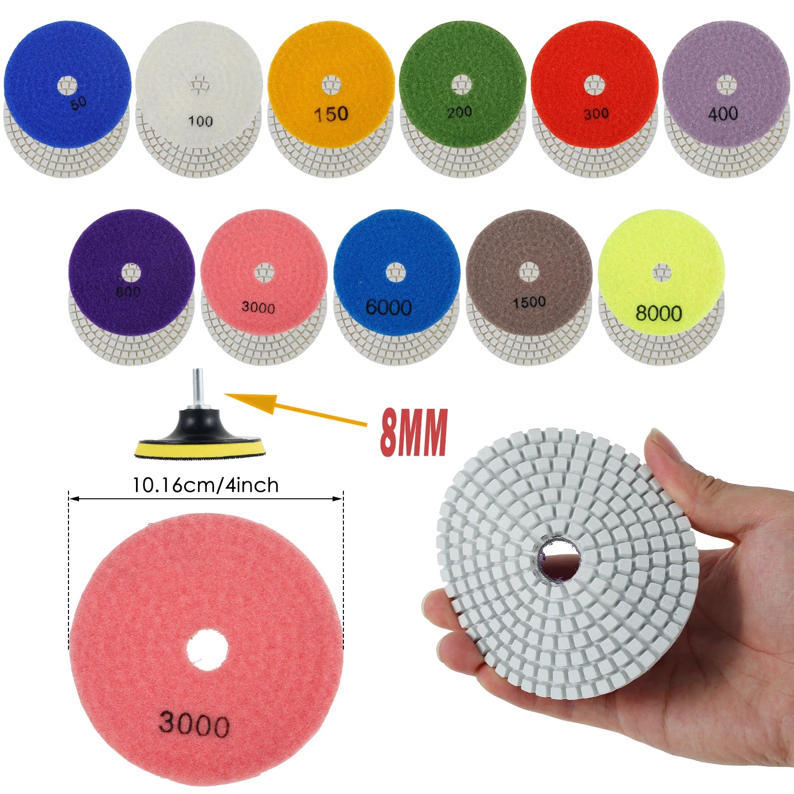 10-16pcs 4 inch Diamond Polishing Pads Kit Wet/Dry Buff Disc Abrasive Grinding Discs Set for Granite Concrete Glass Polishing Zpaxo 12pcs 50-8000 4 inches multi-tool