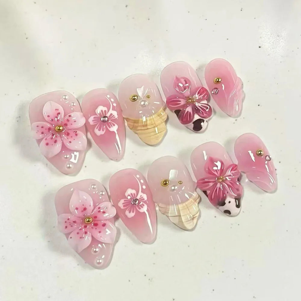 Reusable Handmade Summer 3D Nails Wearable Manicure Full Cover Jelly Gel Fake Nails Artificial Easy To Wear French False Nails Zpaxo D