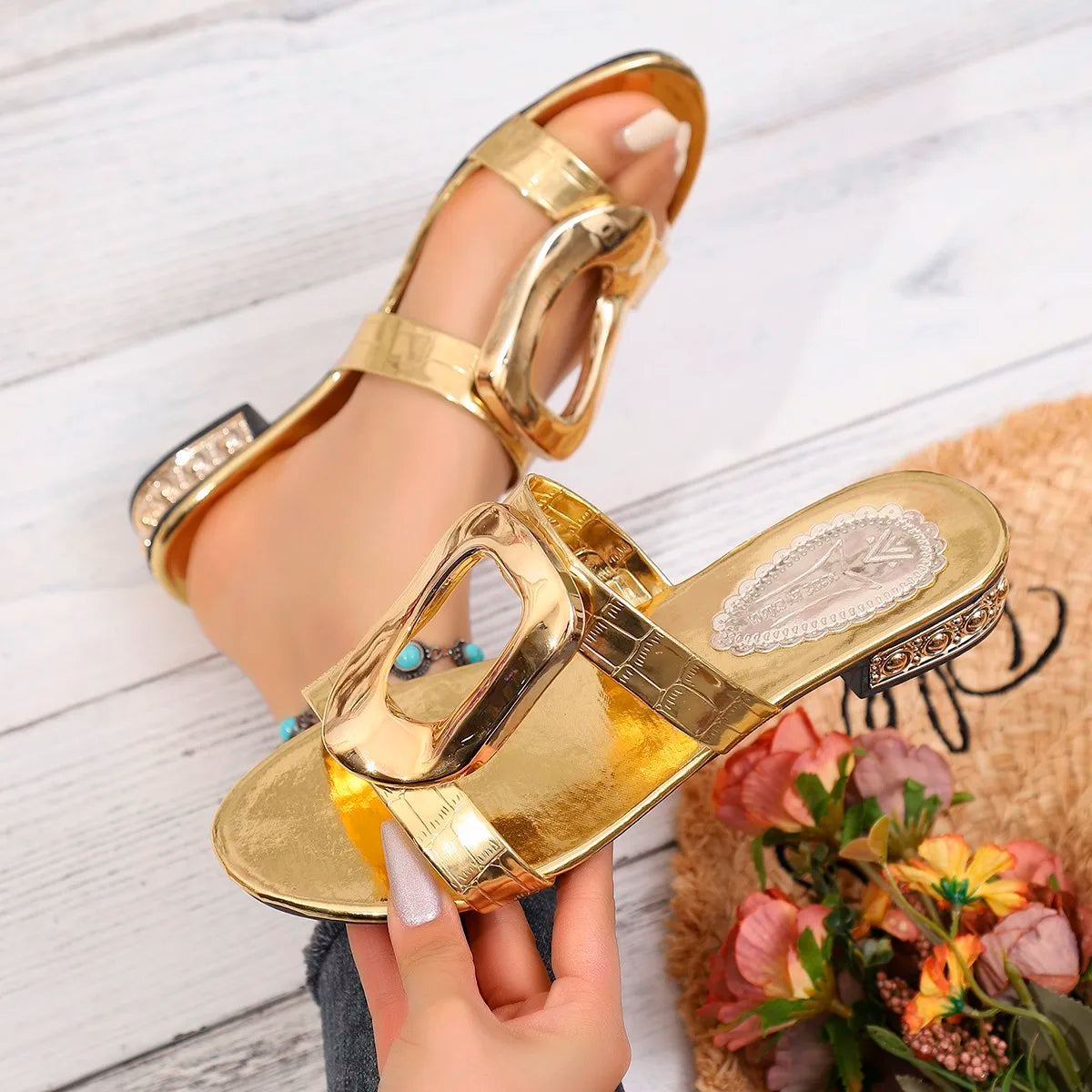 Women Slippers Casual Outdoor Thick Heel Metal Buckle Sandals Zpaxo