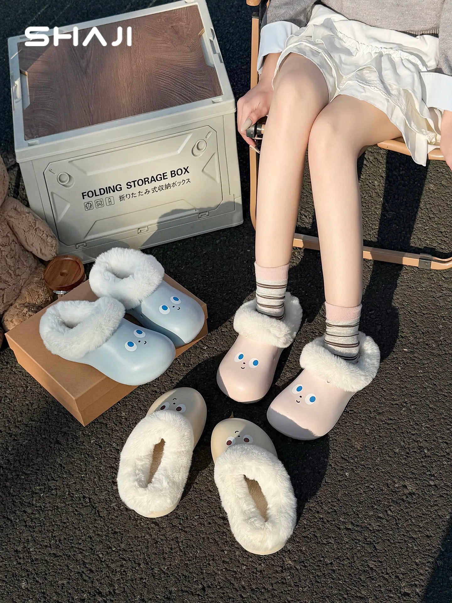 SHAJI Women 2026 Smiley Face Waterproof Winter Slippers Closed Back