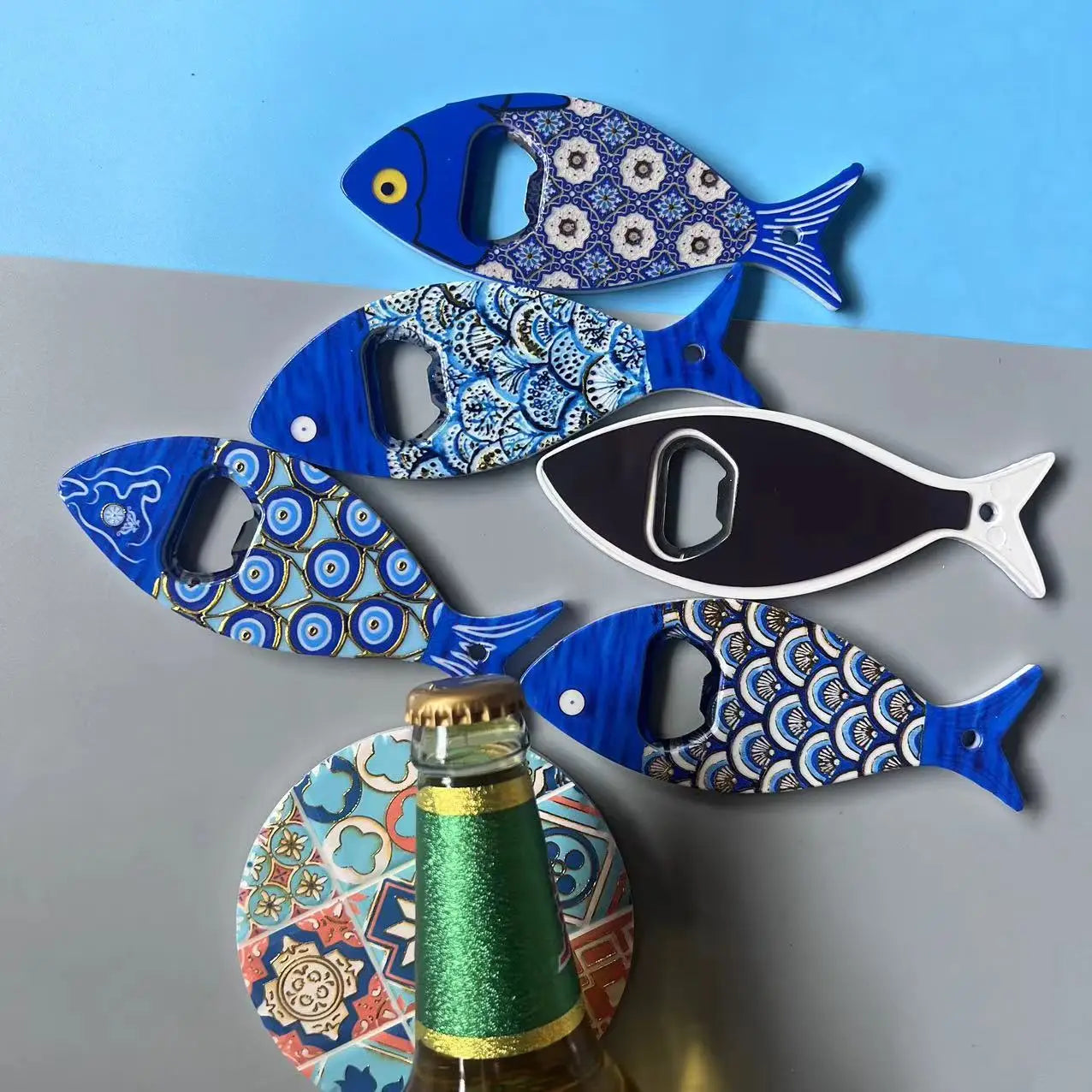 1 Fish Fridge Magnet Bottle Opener Hand Made Acrylic Art Blue Pattern Zpaxo