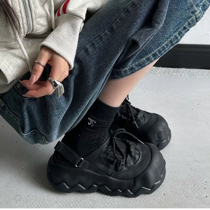 Summer Street Explosion 5CM Mary Jane Sandals Women's Wave Thick Bottom Lace Hollow Big Head Bread Shoes Zpaxo black 35