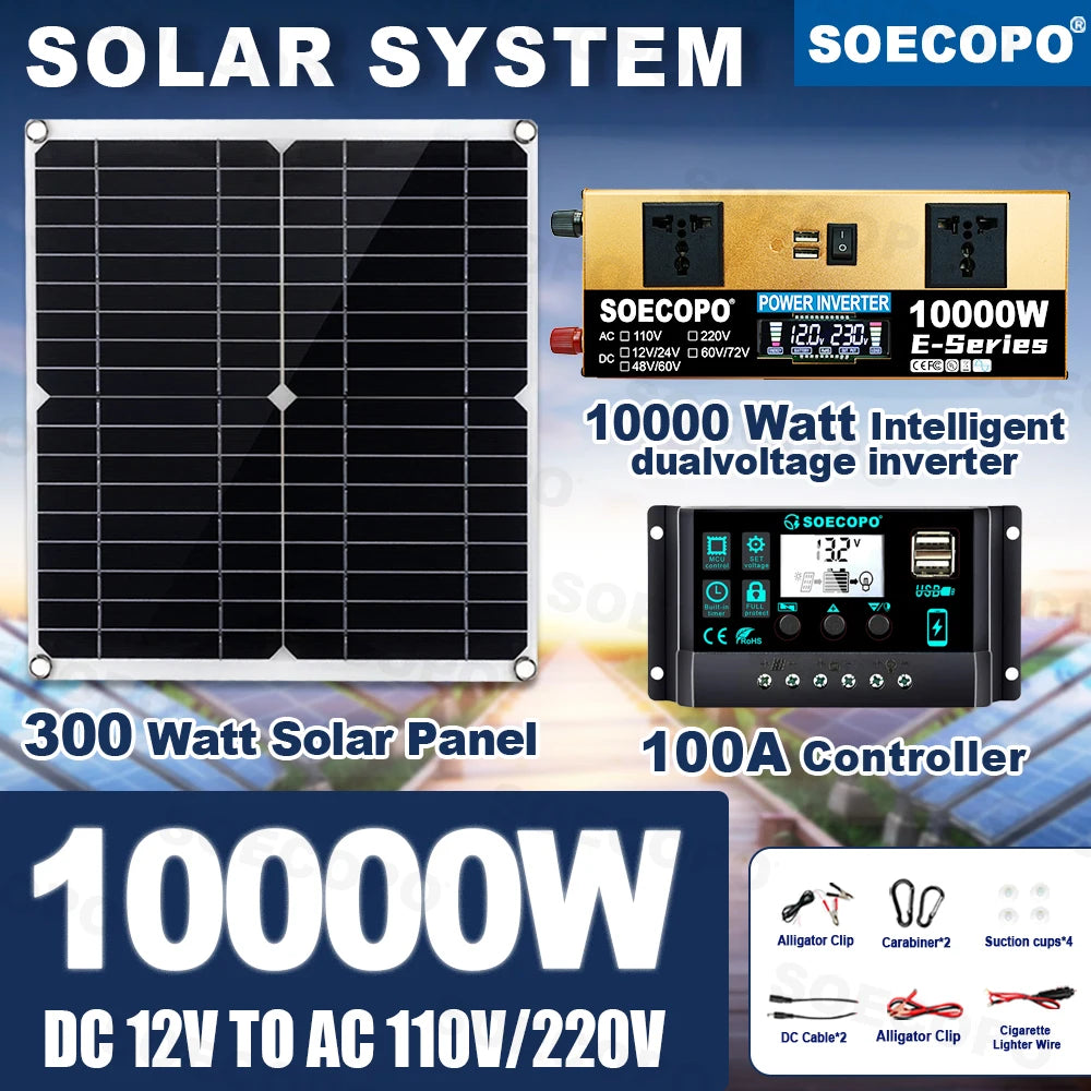 SOECOPO 10000W Solar System 300W Panel 100A MPPT Controller Smart Inverter 12V/24V to 110V 220V AC for Home RV Camping CE FCC Zpaxo