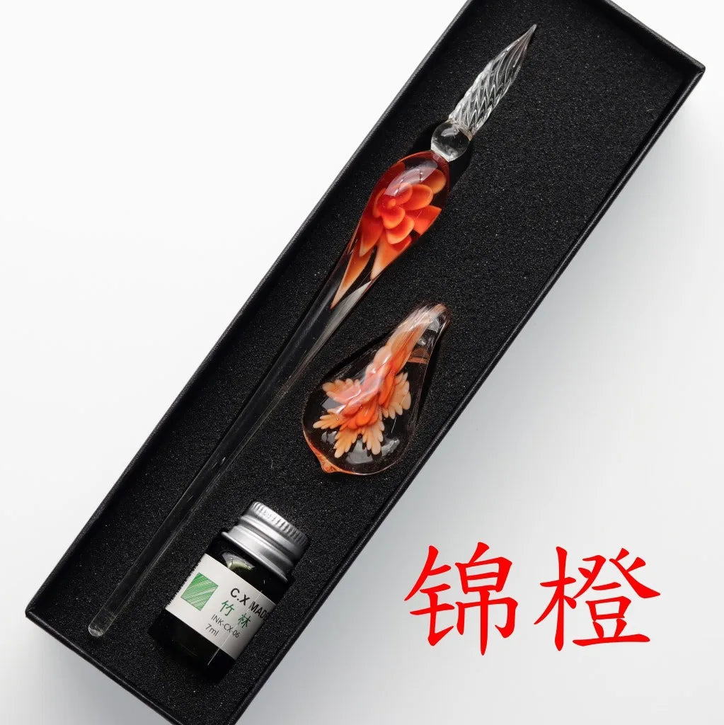 Embedded Flower Glass Dip Pen Set – Elegant Gift Box