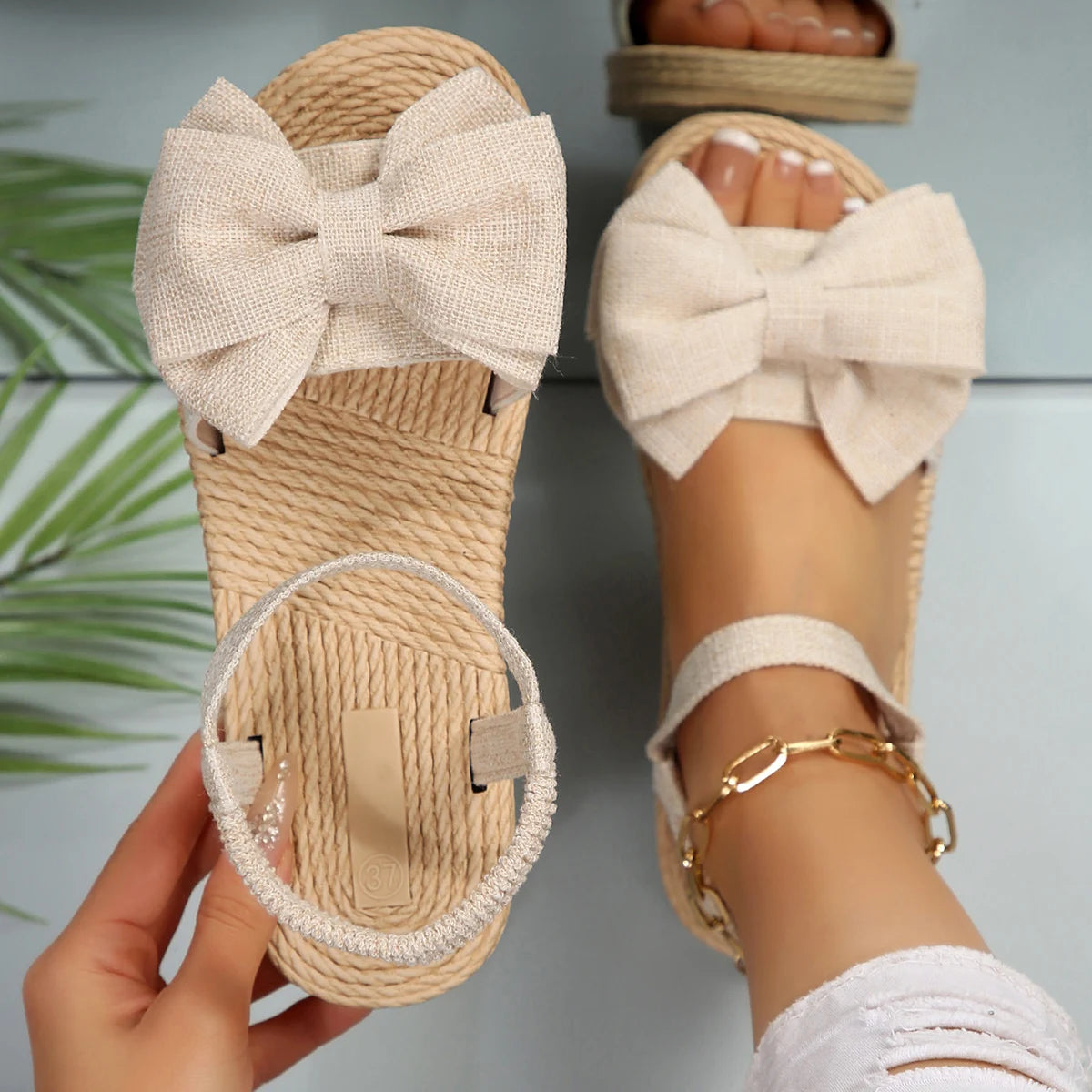 Women Sandals Designer Anti-slip Trend Sandals Summer Lightweight Shoes Fashion Beach Casual Outdoor Bow Tie Flat Shoes Women Zpaxo Beige 43