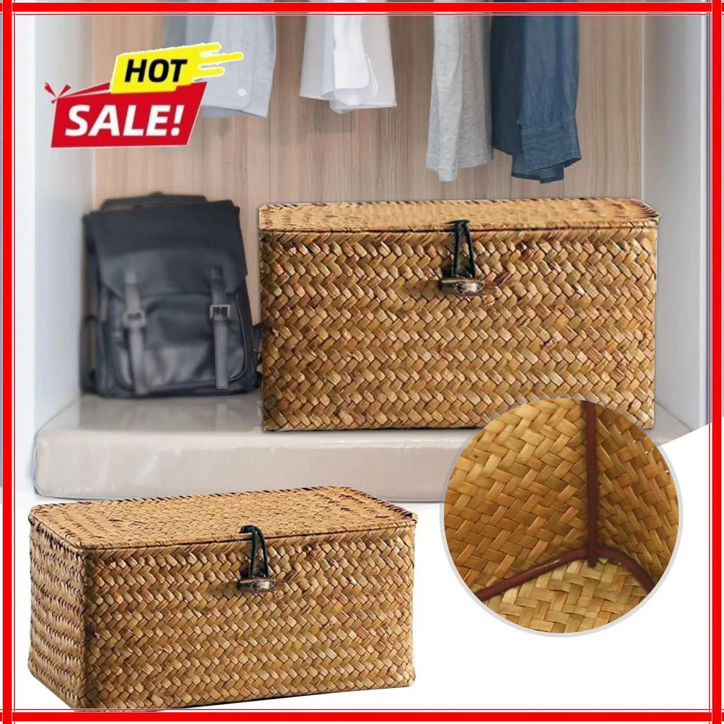 Handcrafted Woven Seagrass Storage Basket with Lid & Divider Woven Storage Basket Zpaxo