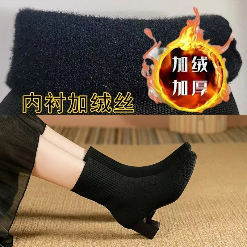 Black Square Toe Knit Sock Boots Elastic Slim Thick Block Heel Heels Zpaxo F550 Black Velvet 34 China Mainland