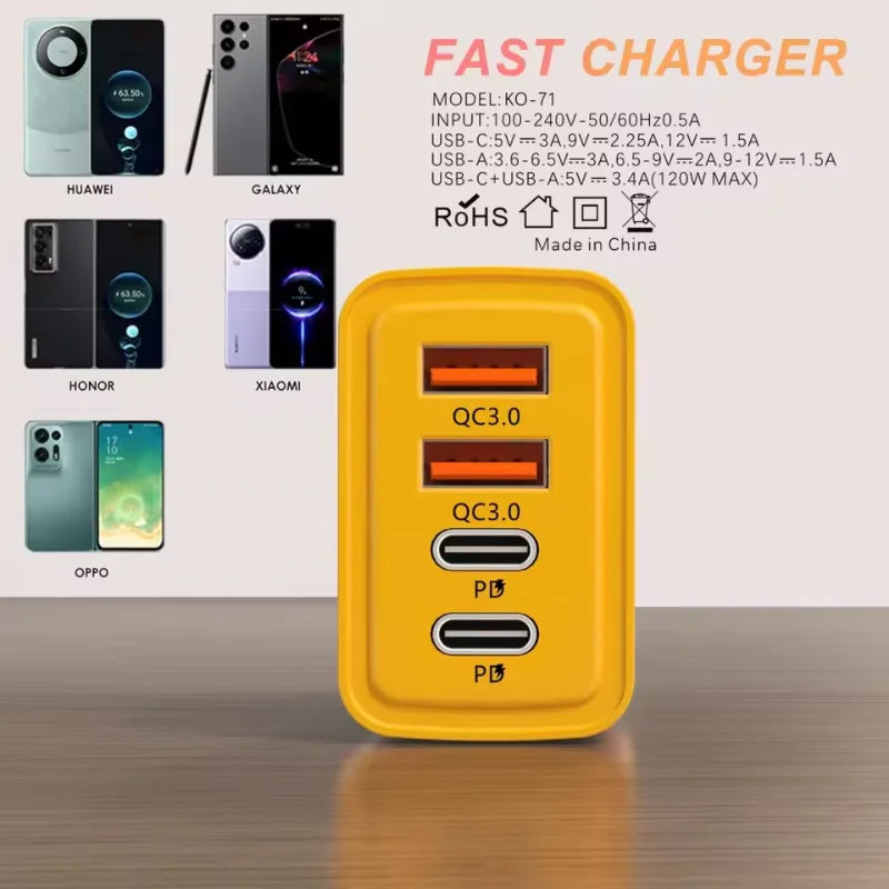 120W Charger Ultra Fast Charging 4 Ports Gan Wall Usb-c Qc 3 0 Phone