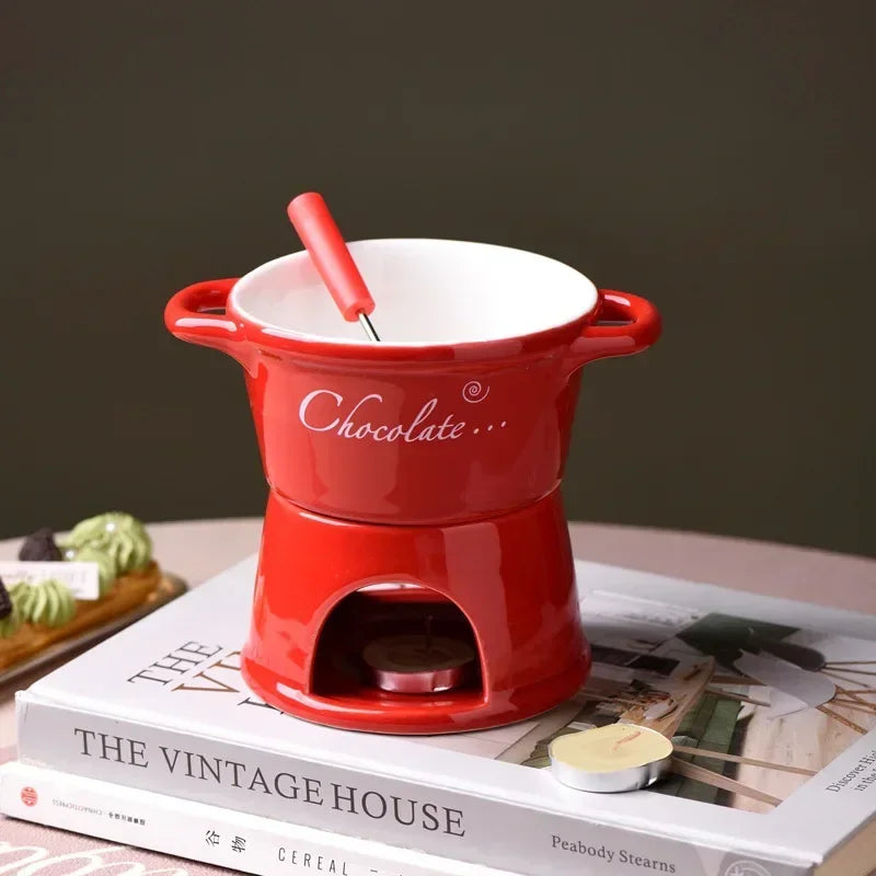 Ceramic Chocolate Melting Mug Set – Chafing Cup with Candle & Fork Ceramic Chocolate Mug Set Zpaxo 301-400ml Red - B