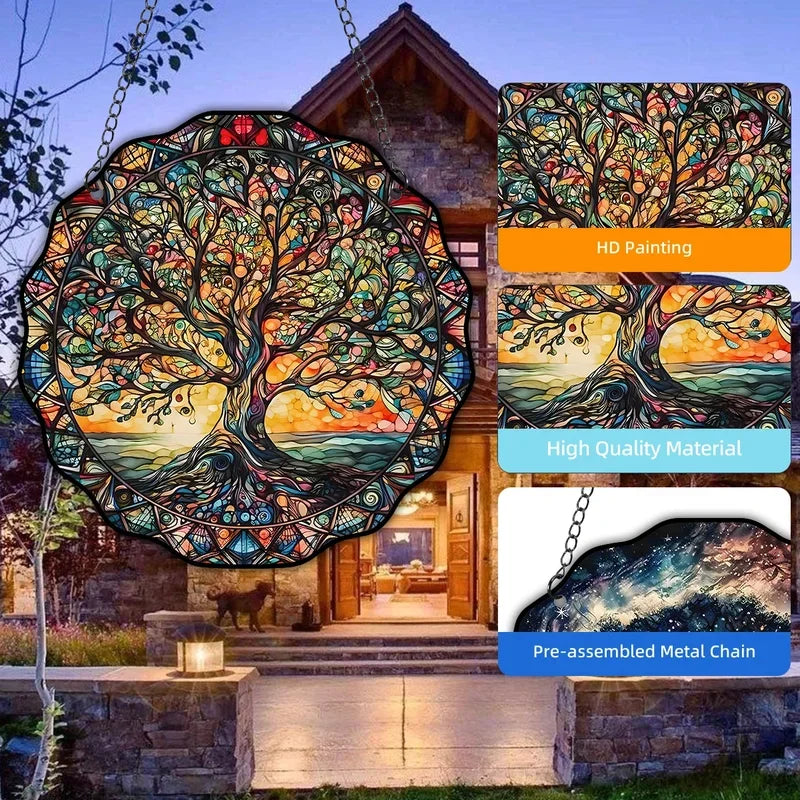 Tree Life Wall Art Decor Sun Hanging Sign Round Indoor Outdoor Window