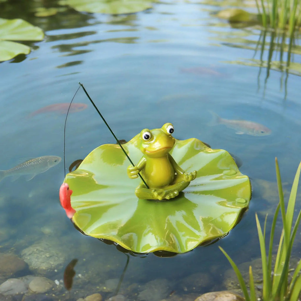 Floating Frog Statue Fishing Design Pond Decor Waterproof Cute