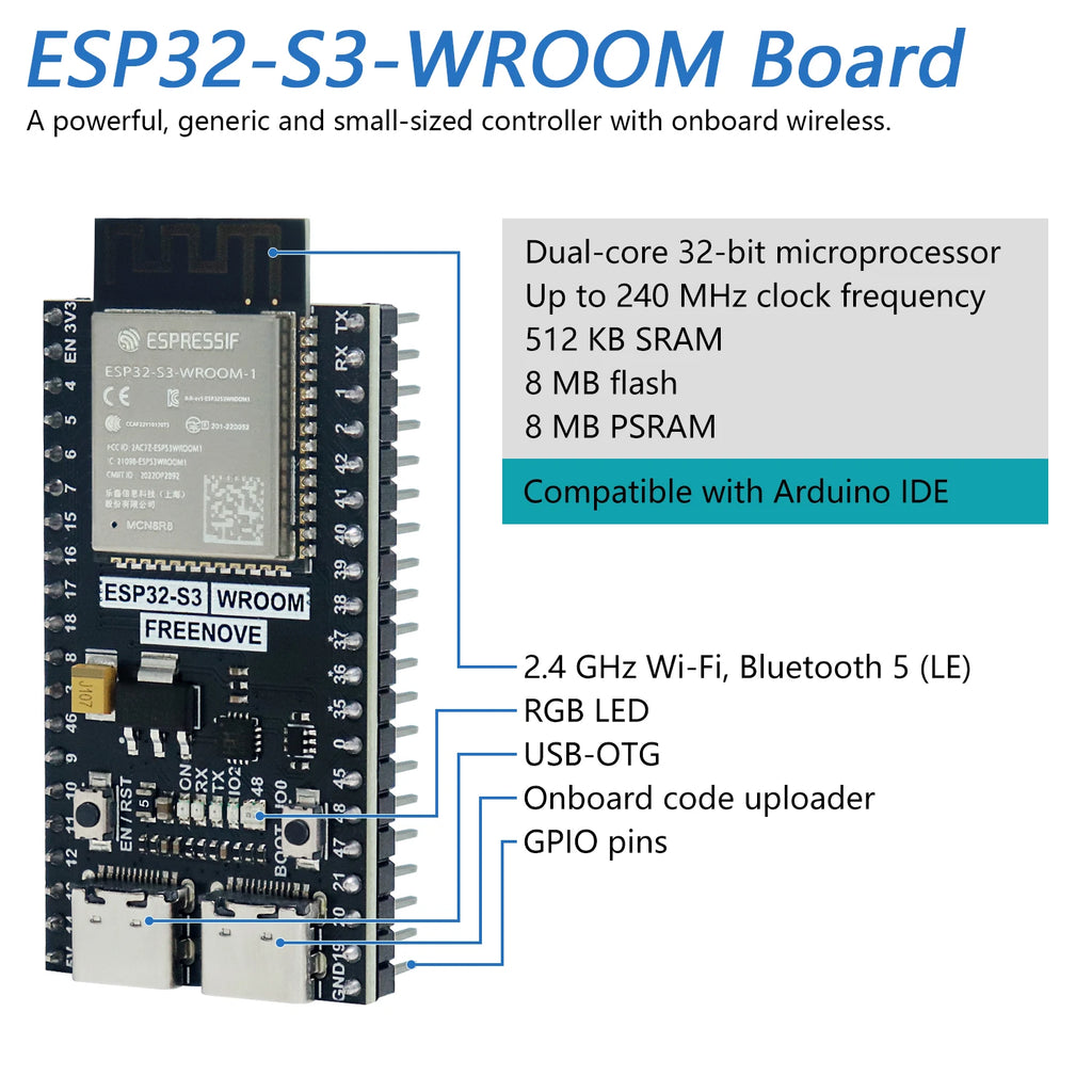 ESP32-S3 Wireless Development Kit From Freenove 240MHz Dual Core Chip C Python Demo Programs For Beginner Coding Projects Zpaxo